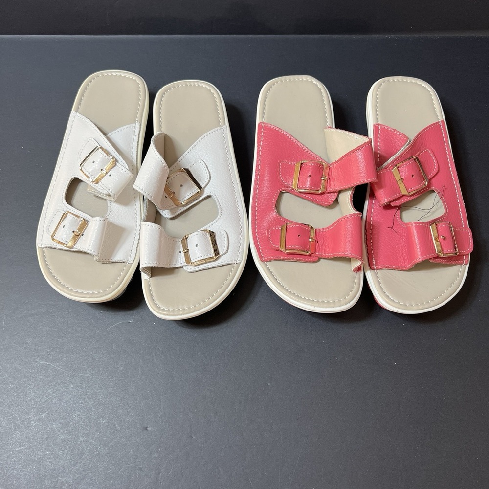 Women's Slide Sandals Pink/White Solid Double Buckle Slip On Flat EU 39 Set Of 2
